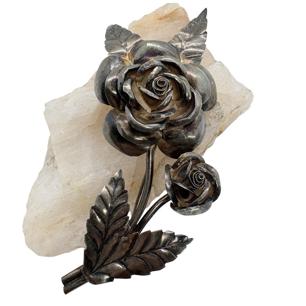 Vintage Peru 925 Sterling Silver Rose Flower Brooch Large Dimensional Floral Pin